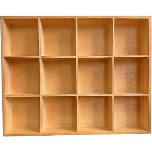 1 Pcs 13.4''x10.6''x2'' Wooden Storage Divider Box Showcase Display Box Organization Tray Tabletop Box with 12 Compartments for Home Craft Office Kitchen Storage (Vintage Color)