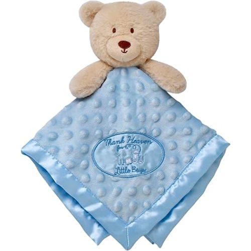 Plush Bear Snuggle Blanket with Thank Heaven Embroidery and Satin for Baby, 14 inch, Blue