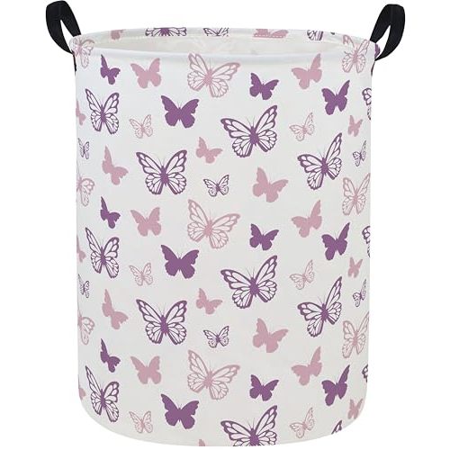 ESSME Butterfly Laundry Basket,Kids Hamper Collapsible Canvas Waterproof Storage Bin for Girls, Nursery Hamper,Gift Baskets,toy bins(Purple Butterfly)