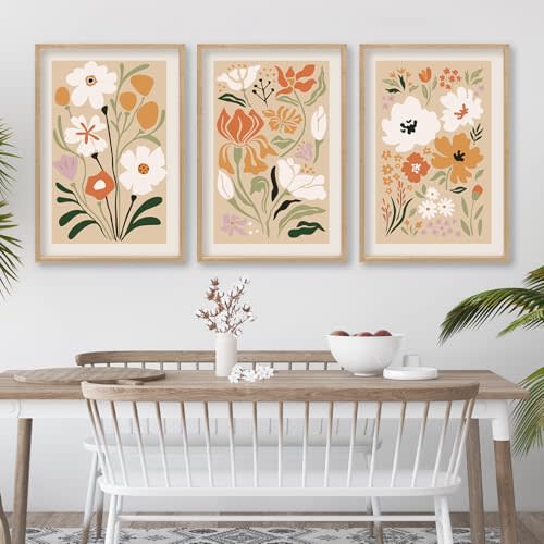 Boho Flowers Wall Art Sign Set of 3 16"x11" Mid Century Modern Minimalist Wooden Framed Abstract Flower for Vintage Living Room Bedroom Wall Hanging Decor (Wood)