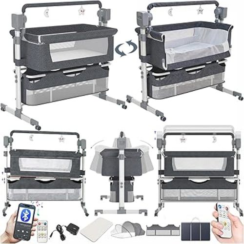 Electric Bluetooth Smart Baby Bedside Crib, Bassinet for Co-Sleeping, Infant Bedside Sleeper Cot, Convertible Foldable Baby Crib with Remote Control, Music and 5 Swaying Gears (601 Grey)