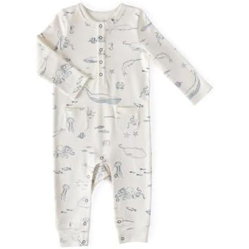 PEHR Long Sleeve Henley Patch Pocket Romper, Life Aquatic | Organic Cotton Baby Outfit | Ocean-Inspired Unisex Print |