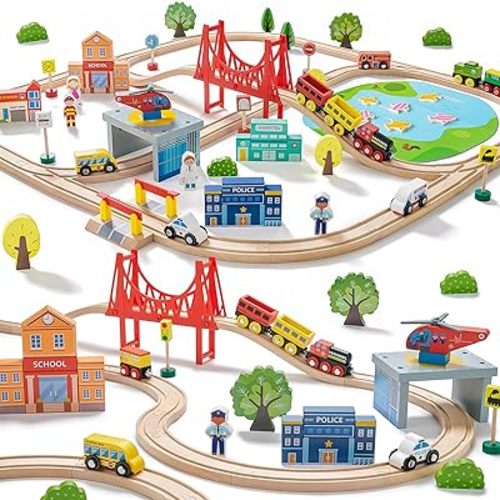 Tiny Land Train Set 110pcs Wooden Train Set, Toy Train for Boys & Girls with Track for 3-7 Years Old Toddlers & Kids, Railway Set