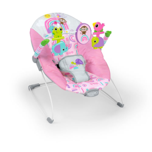 Bright Starts Pink Paradise Portable Baby Bouncer with Vibrating Infant Seat and -Toy Bar, Max Weight 20 lbs., Age 0-6 Months