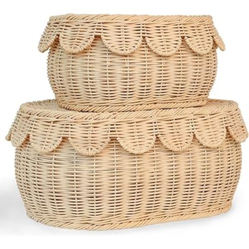 Palonona - Set of 2 Natural Rattan Storage Baskets with Scalloped Lids – Medium & Small Sizes – Handwoven Braided Edge Detail – Boho Accent Decor for Countertops, Shelves, Home Organization & Gifting.