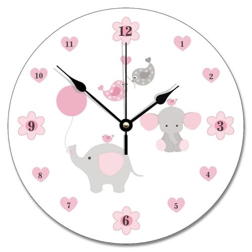 Elephant Pink Grey Gray Wall Clock Baby Girl Nursery Wood Clock 10 Silent Non-Ticking Quartz Battery Operated Clock for Living Room Kitchen Bedroom Farmhouse Home Decor Birthday Wedding Gift