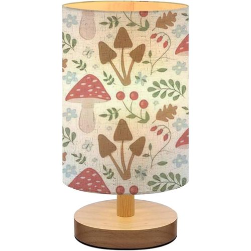 Bedside Lamp for Bedroom, Cottagecore forest background mushrooms wild berries flowers leaves Small Lamp, Linen Lampshade Table Lamp, Dimmable Nightstand Lamp with Woodbase for Living Room Office