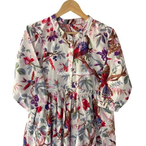 Bird Printed Cotton Dress, Handblock Dresses,Cotton Dresses, Long wear Dress, Cotton Blousen Dresses, Skatar Circle Dresses
