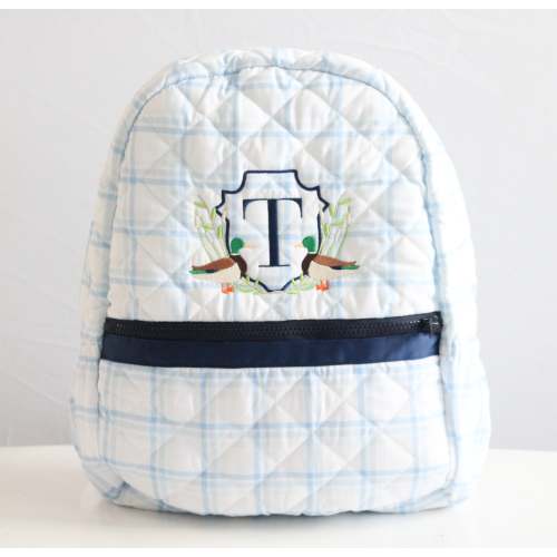 BLUE PLAID & NAVY QUILTED BACKPACK