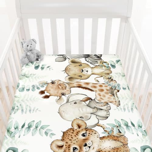 HawSkgFub Safari Jungle African Animals Eucalyptus Leaf Fitted Standard Baby Crib Sheet, Giraffe Lion Tiger Elephant Zebra Toddler Mattress Cover, Soft Stretchy Nursery Bed Sheets Kids Gift 52” x 28”