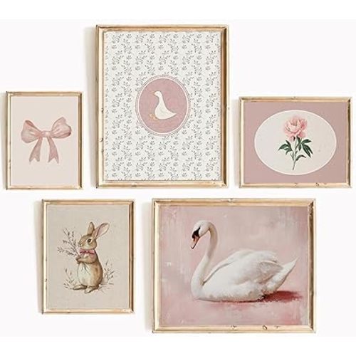 YUFXSTZV 5Pcs Vintage Pink Nursery Wall Art Pink Bow Wall Decor Flowers Animal Canvas Painting Bunny, Swan, Peony Prints for Nursery, Girls Bedroom Kids Room Picture Unframed