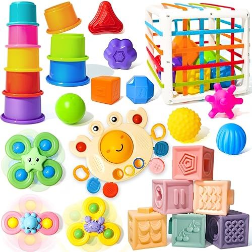Montessori Toys for Babies 0-3-6-12 Months, 6 in 1 Baby Toys 4 5 6 7 8 9 Month Old, Baby Blocks Stacking Toys, Infant Baby Sensory Development Learning Toys Gifts for 1 2 3 Year Old Boys Girls