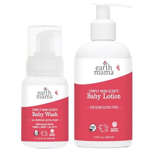 Earth Mama Fragrance Free Bathtime Bundle | Simply Non-Scents Castile Soap & Baby Lotion | Unscented Baby Wash & Moisturizer with Calendula