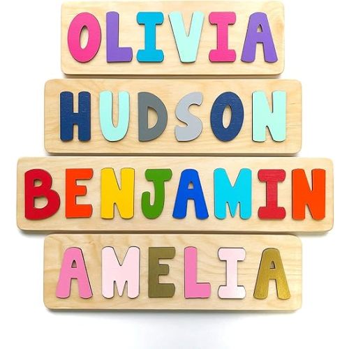 Personalized Wooden Name Puzzle for Kids, Handmade in USA by Bloom Owl, Custom Baby Gifts for Boys and Girls Easter or First Birthday, Montessori Toys for Toddlers 1-3, Baby Puzzle