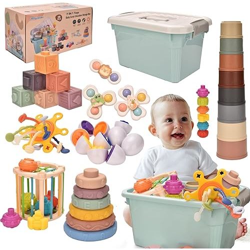 Montessori Toys for 1 Year Old,Baby Toys 6-12 Months,Stacking Building Blocks & Soft Infant Teething & Matching Eggs for Toddlers 0-3-6-9-12 Months,Baby Boys&Girls Gifts(7 in 1)