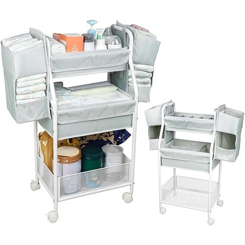 Moteph Rolling Utility Cart with Side Storage - Diaper Organizer, Nursery Essentials, and Craft Organizer (with_Side_Storage)