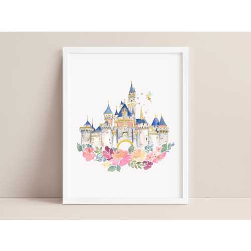 Sleeping Beauty's Castle, Disneyland Castle Print, Disney Land Castle featuring Watercolor Florals