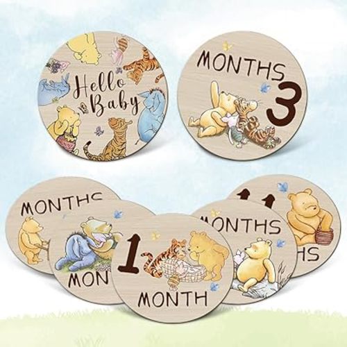 Winnie Baby Monthly Milestone Circles - Bear Baby Stuff Wooden Discs for Baby Girl Boy - 7Pcs Double Sides Round Circles Signs for Newborn Photo Prop