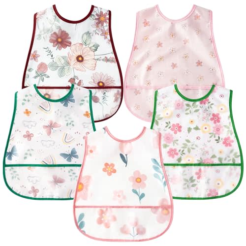 R HORSE 5Pcs Baby Bibs Set Toddler Bibs with Crumb Catcher Pocket & Snap Button Waterproof Baby Feeding Bibs for 6-24 Months