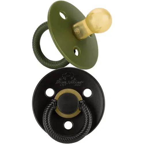 Itzy Ritzy Natural Rubber Pacifiers Set of 2 – Natural Rubber Newborn Pacifiers with Cherry-Shaped Nipple & Large Air Holes for Added Safety; Set of 2 in Camo & Midnight, Ages 0 – 6 Months