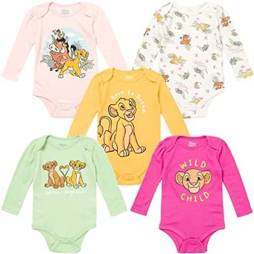 Disney Classics Princess Lion King 101 Dalmations Pumbaa Princess Ariel Timon Baby Girls 5 Pack Bodysuits Newborn to Infant