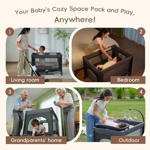 Pamo Babe Magic Fold Pack and Play with Bassinet 1 Step Set Foldable Playards Baby Playard with Changing Table Portable Playpen with Zip Door