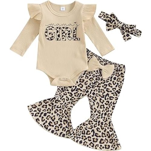 Kuriozud Newborn Baby Girl Bell Bottom Outfit Ruffle Romper Cute Bow Flare Pants Set Headband Cute Clothes