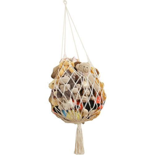 Stuffed Animal Storage Hammock Corner Hanging Net Stuffy Animal Hammock Macrame Toy Display Plush Toy Holder for Kid Bedroom Decor Boho Nursery Playroom Organizer (Cream)
