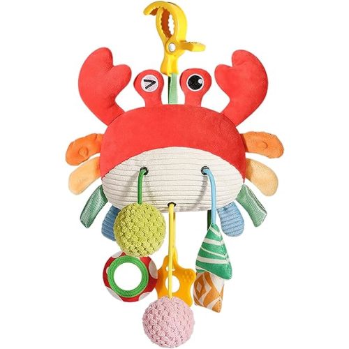 Baby Car Seat Toys 0-6 Months - Crib & Stroller Hanging Crab Attachment with Clip, Rattles and Teether, Travel Comfort Toy for Newborn Infant Gifts