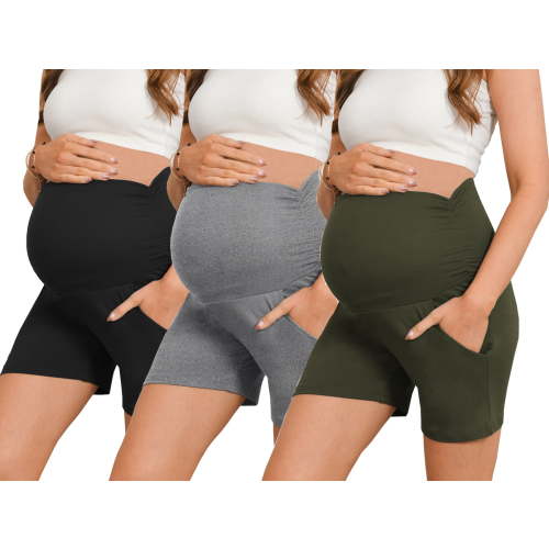 Bearsland Women’s Maternity Shorts over Belly Pregnancy Yoga Workout Lounge Pajama Shorts with Pocket 3-Pack
