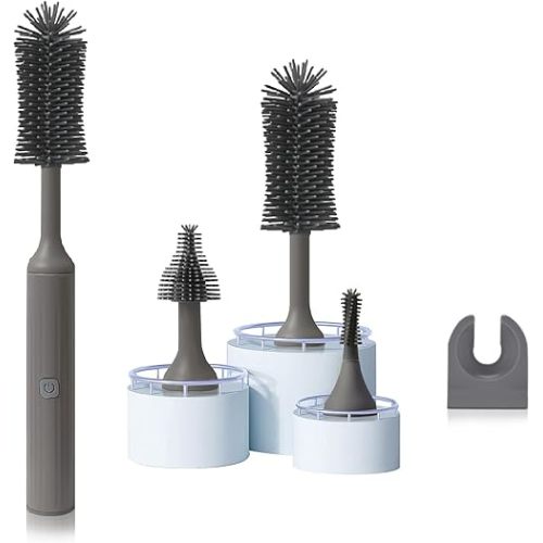 Electric Baby Bottle Brush Cleaner Set with Electric Bottle Brush, Silicone Water Bottle Cleaner,Nipple/Gap/Straw Brush,Rechargeable Automatic Bottle Cleaner Brush, Grey