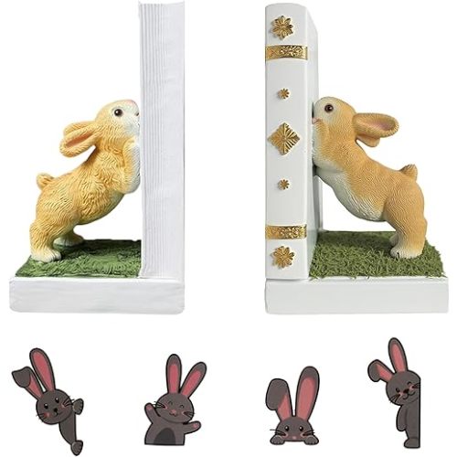 Bunny Bookends with 4 Bookmarks – Whimsical Nursery Bunny Book Holders, Adorable Rabbit Book end and White Animal Book Ends for Baby Room or Kids Library