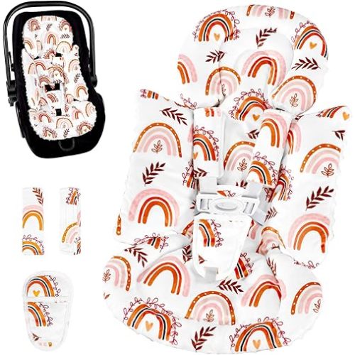 Pea Pod Infant Car Seat Insert with 3 Strap Covers, 3 in 1 Reversible Rainbow Baby Car Seat Head Support for Newborn, 3D Soft Minky Carseat Cushion for Preemie to Infant, Stroller, Swing, Bouncer