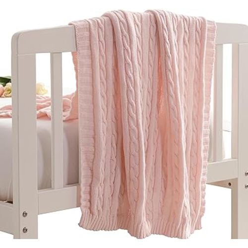 NTBAY 100% Pure Cotton Cable Knit Toddler Blanket, Super Soft Warm Breathable 30x40 Baby Blanket for Crib, Stroller, Nursery, Travel, Newborn, 30x40 Inches, Baby Pink