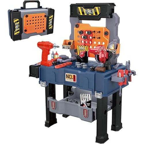 MUGEYMYD Kids Tool Bench Set with Electric Drill and Realistic Tool, Pretend Play Construction Workbench Toys for Toddlers, Build a Kids Tool Workshop Set for Boys and Girls, Ages 3-8.