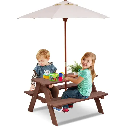 Olakids Kids Picnic Table, Outdoor Toddler Wooden Table and Chair Set with Removable Umbrella, Children Activity Furniture Bench Set for Patio Garden Backyard