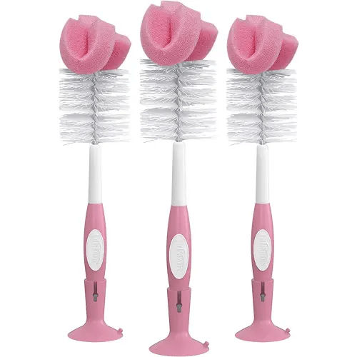 Dr. Brown's Reusable Sponge Baby Bottle Cleaning Brush Set with Suction Cup Stand, Scrubber and Nipple Cleaner, Pink, 3 Pack