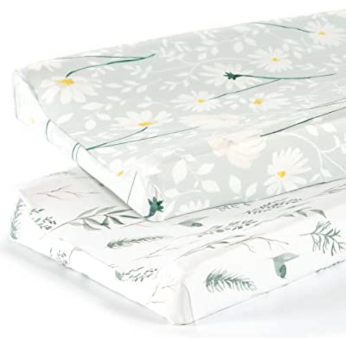 GRSSDER Stretch Ultra Soft Jersey Knit Changing Pad Cover Set 2 Pack, Change Table Pad Covers Fit 32"/34" x 16" Pads Safe and Snug, Pretty Watercolor Daisy Flowers for Baby Girls