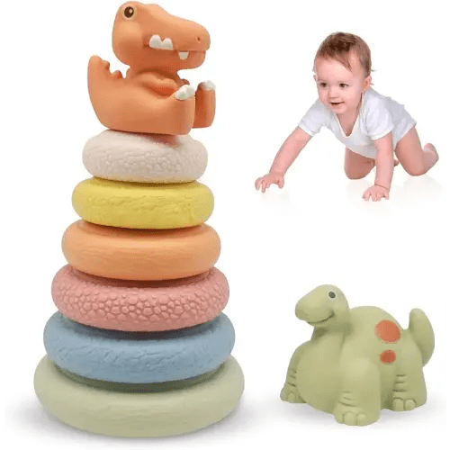 8 Pcs Stacking & Nesting Baby Toys, Squeeze Soft Teething Baby Toys and Building Circles with Two Cute Dinosaur Figures, Newborn Essentials for 6 12 18 Months Baby Toddler Boys Girls