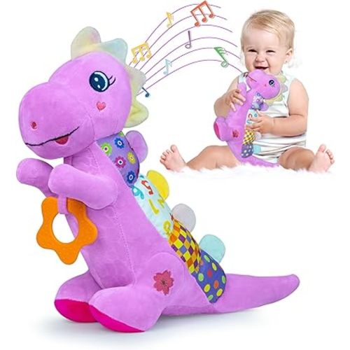 Baby Dino Musical Stuffed Animal Toys for 0-3-6-9-12 Months,Infant Dinosaur Tummy Time Toys with Crinkle Sound Paper,Teether,Textures & Rattles for Newborn Boys Girls Birthday Gifts,Purple