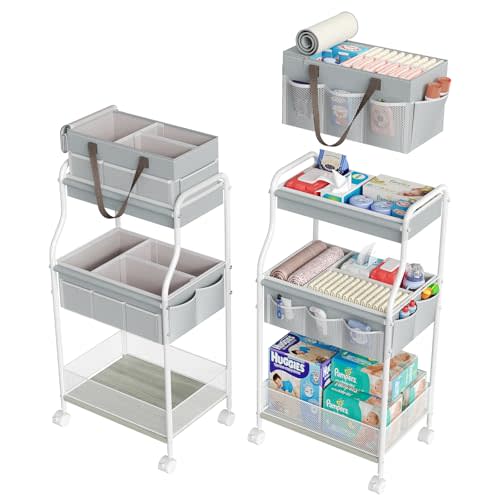 2 In1 Baby Diaper Caddy Organizer & Storage Cart, 3-Tier Rolling Diaper Organizers with Divider and 12 Pocket,Nursery Bedside Caddy Utility Cart for Baby Clothes & Dresser Baby Bottle -Baby Essential