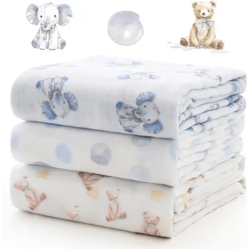 Momcozy Muslin Best Wishes Swaddle Blankets, Ultra Soft Neutral Registry Essentials, Whispering Bears & Elephants, Breathable Large 47'' x 47'' Newborn Boys Girls Receiving Blanket