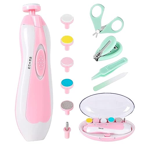 Baby Nail Trimmer Electric-12 in 1 Baby Nail Clippers Safe Baby Nail File Kit with a Nail Clipper, Scissor, Tweezers, and Nail Files (Pink+)