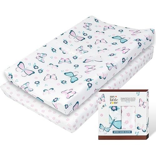 100% Cotton Changing Pad Cover for Baby Girls, Floral - Breathable Bassinet, Mini Crib Mattress Fitted Sheets - Butterfly Blossom, 32"x16" with 8" Deep Pocket, White-Light Pink, 2 Pack