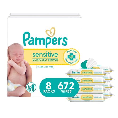 Pampers Sensitive Baby Wipes, Clinically Proven, Fragrance Free, Unscented, Water Based, Hypoallergenic, Multi-Use, Hand Wipes 672 Wipes Total (12X Flip-Top Packs) [Packaging May Vary]