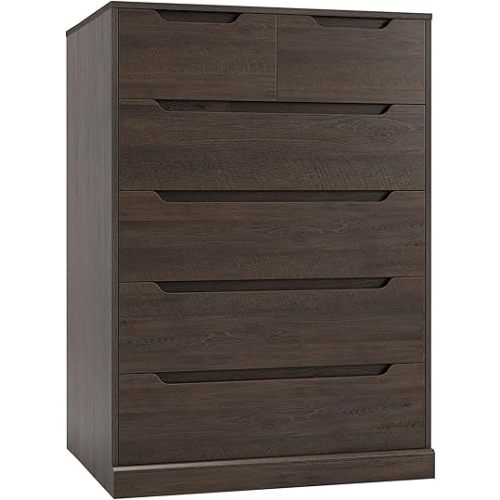 HOSTACK Modern 6 Drawer Dresser for Bedroom, Tall Chest of Drawers with Storage, Large Wood Storage Chest Organizer with Cut-Out Handle, Accent Storage Cabinet for Living Room, Hallway, Dark Brown