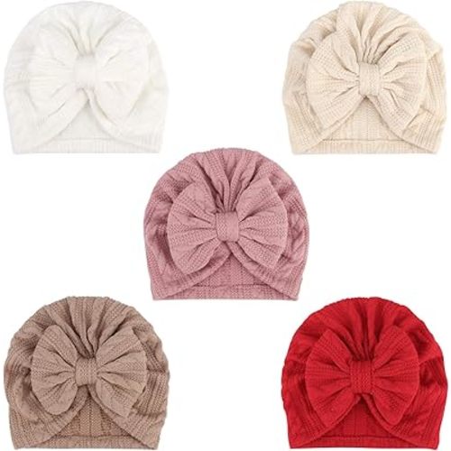 DRESHOW BQUBO 5 Pieces Newborn Baby Turban Hats Bow Baby Infant Beanie Breathable Toddler Cap for Baby Girls 3-12 Months