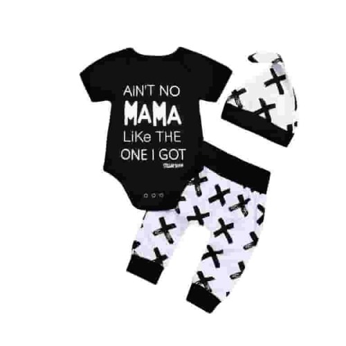 Newborn Baby Girls Boys Short Sleeve Mama Print Romper Jumpsuit Bodysuit+Long Pants+Hat 3Pcs Outfits Set