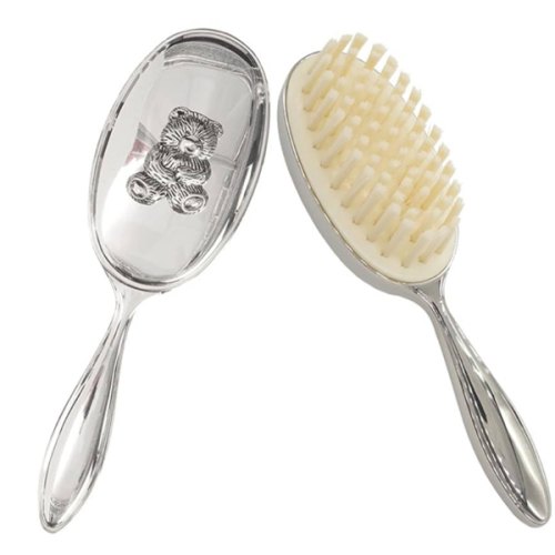 Silver Plated Keepsake Cute Bear Baby Hair Brush for Toddler Girl or Boy with Curly and Thick Hair, for Wet or Dry Newborn Infant Hair, Soft Bristle That Won't Shed, Gift Box Package for Gift Giving