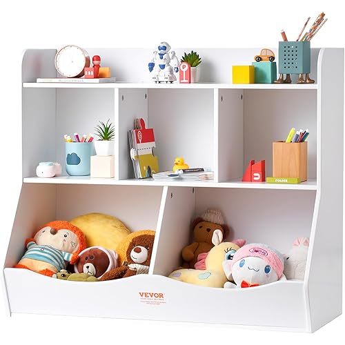 VEVOR Wood Kid Toy Storage Organizer with Bookshelf, 35" W Storage Cubby, Larger 5-Cubby Wood Toy Storage Cabinet, Children Book Toy Shelf for Kids Room, Playroom, Kindergarten, Nursery, White